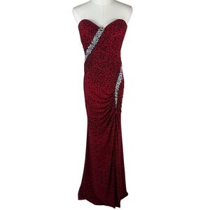 Vtg Precious Formals Gown Women 14 Red Leopard Print Rhinestone Strapless Slit